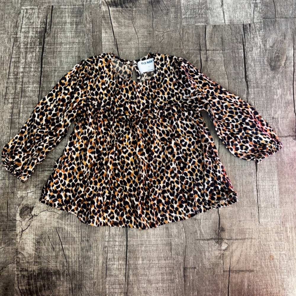 Old‎ Navy Girls Leopard Print Long Sleeve Babydoll Top Brown Black Animal Print